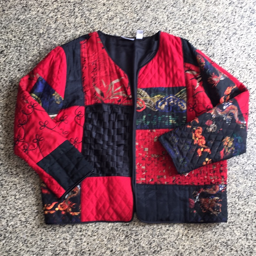 Chico’s red & black patchwork silk quilted jacket